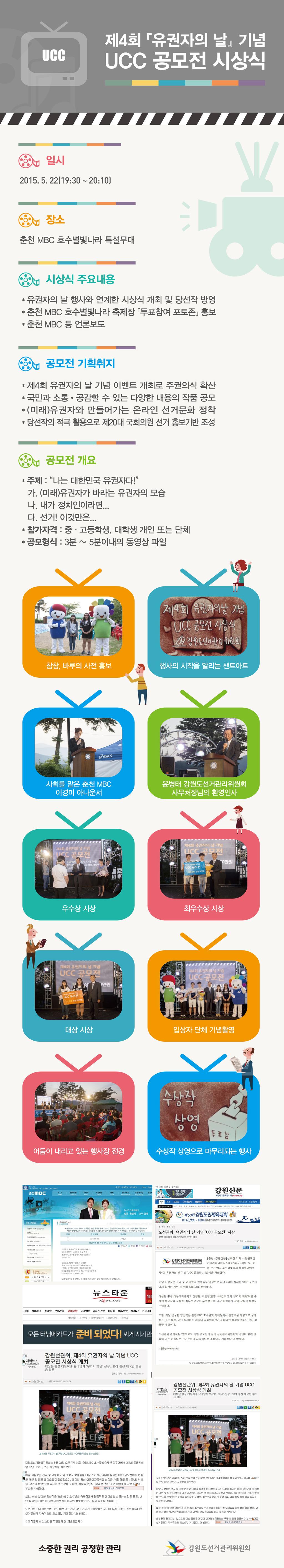 제4회 유권자의 날 기념 UCC 공모전 시상식 개최 일시 2015.5.22(19:30~20:10) 장소 춘천MBC 호수별빛나라 특설무대 시상식 주요내용 유권자의 날 행사와 연계한 시상식 개최 및 당선작 방영, 춘천 MBC 호수별빛나라 축제장 투표참여 포토존 홍보, 춘천 MBC 등 언론보도 공모전 기획취지 제4회 유권자의 날 기념 이벤트 개최로 주권의식 확산, 국민과 소통 공감할 수 있는 다양한 내용의 작품 공모, (미래)유권자와 만들어가는 온라인 선거문화 정착, 당선작의 적극 활용으로 제20대 국회의원 선거 홍보기반 조성, 공모전 개요 주제 나는 대한민국 유권자다  가. (미래)유권자가 바라는 유권자의 모습, 나. 내가 정치인이라며, 다. 선거! 이것만은... 참가자격 중고등학생, 대학생 개인 또는 단체, 공모형식 3분~5분이내의 동영상파일 사진설명 1~8 공모전 시상식 사진, 9 관련 보도자료 